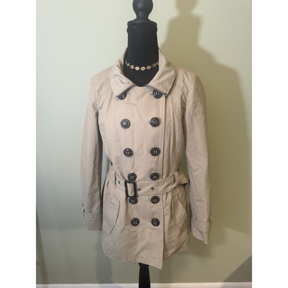 Esprit Womens Trench Coat Size 4 Beige Double Breasted Belted Zip Front Cotton